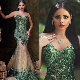 Arabic Style Emerald Green Mermaid Evening Dresses Sexy Sheer Crew Neck Hand Sequins Elegant Said Mhamad Long Prom Gowns Party Wear 2591