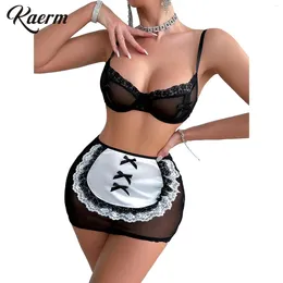 Bras Sets Women Maid Cosplay Costume Sexy Lingerie Set See-Though Lace Cutout Bra With Short Skirt And Thong Underwear For Erotic Clothing