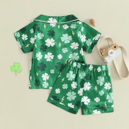 Clothing Sets Kids Girls Boys Pyjamas Outfits Shamrock Print Short Sleeve Shirts Elastic Waist Shorts Summer Ireland Festival Sleepwear Suit