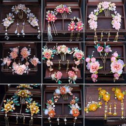 Wedding Jewellery Sets Vintage Hair Stick Earring Chinese For Women Floral Tassel Pearl Clip Hairpin Fairy Tiaras Accessories Drop Deli Dhzqv