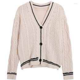 Women's Knits Beige Cardigan Sweater Women With Black Stripes Net Version