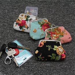 Coin Purses Women Purse Cute Flower Print Ladies Mini Bag Two Metal Button Pocket Pouch Key Holder