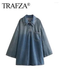 Casual Dresses TRAFZA Women's Autumn Retro Shirt Collar Long Sleeves With Pocket Zipper Loose Party Robe Fashion Denim Mini Dress