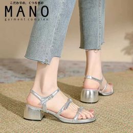 Dress Shoes 2024 Summer New Open Shoulder Straps High Heels Womens Shoes Silver Thick Sole Dress Party Shoes Fashion Narrow Band Sandals Womens ShoesL2405