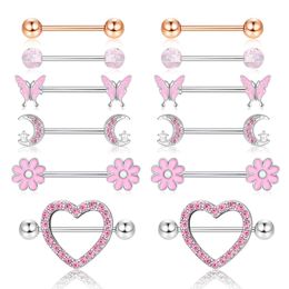 Nipple Rings Drperfect 14G Womens Ring 316L Stainless Steel Heart Shaped Butterfly Moon Cz Flower Barbell Cute Breast Perforated Jew Dhklh