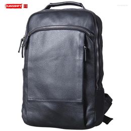Backpack Casual Soft Black Leather Men Shoulder Bag Male Laptop Schoolbag Travel Computer First Layer