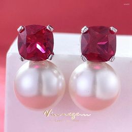 Stud Earrings Vinregem 12 MM Pearl Ruby Gemstone Vintage Ear Studs For Women 925 Sterling Silver Fine Jewelry Wedding Party Wholesale