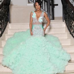 Sparkly Mint Green Ruffles Mermaid Prom Dresses 2024 Silver Beaded Rhinestone For Black Girls Birthday Party Gala Gowns