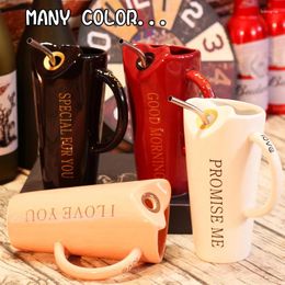Mugs 500ml Creative Cup For Coffee Travel Mug Ceramic With Straw And Silicone Lid Office Mark Milk Water Bottles Girls
