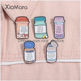 Pins Brooches Take Your Meds Enamel Pin Medication Reminder Mental Health Self Care Lapel Backpack Badge Jewellery Gifts Drop Delivery Otktd