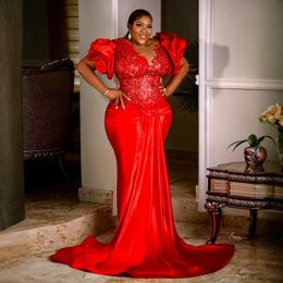 2024 Plus Size Red Prom Dresses for Special Occasions Illusion Short Sleeves Beaded Appliqued Lace Birthday Party Dress Second Reception Gowns for Black Women AM906