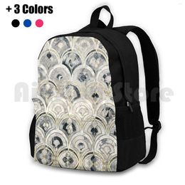 Backpack Monochrome Art Deco Marble Tiles Outdoor Hiking Waterproof Camping Travel Mono Black And White Light