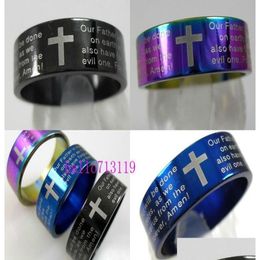 Band Rings Whole Jewellery Lots 50Pcs English Lord039S Prayer Bible Cross Stainless Steel Men039S Fashion Jesus Wedding R7061853 Drop Dhnrz