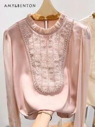 Women's Blouses French Style Sequin Bead Patchwork Stand Collar Chiffon Shirt 2024 Spring Fashion Loose Casual Long Sleeve Blouse Women