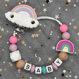 Pacifier Holders Clips# Customized name pacifier chain English letters silicone clip rainbow tooth rack baby teeth toy chewing gift d240521