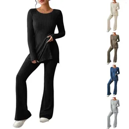 Women's Two Piece Pants Pant Sets Ribbed Knit Pullovers Tops And Straight Matching Outfits Side Slit Tee Tracksuit