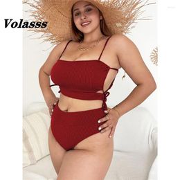 Women's Swimwear Solid Color Bandage Bathing Suit High Waist Bikini Sexy Hollow Out Two Piece Swimsuit Ribbed Plus Size Biquini Girl