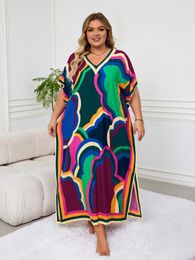 Plus Size Dresses Bohemian Printed Kaftan Long Dress For Women 2024 Summer Sexy V Neck Batwing Sleeve Oversize Robe Maxi Q1594