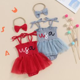 Clothing Sets Baby Girl Summer Jumpsuit 4th Of July Letter Print Sleeveless Mesh Lace Romper Dress Headband Set Cute Bodysuits Outfits