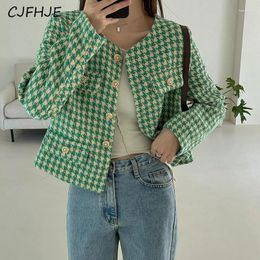 Women's Knits CJFHJE Green Autumn Houndstooth Jackets Korean Fashion Black Button Cardigan Knitted Coats Female Casual Loose Blue Cropped