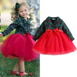 Girl Dresses FOCUSNORM Christmas Toddler Kids Girls Party Dress Plaid Patchwork Turn-Down Collar Lace Layered Tulle Tutu