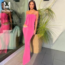 Casual Dresses MSMUSI 2024 Fashion Women Sexy Strapless Diamond Crystal Hollow Out Draped Sleeveless Bodycon Party Club Maxi Dress Gown