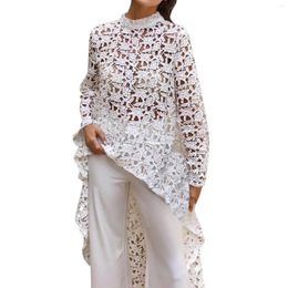 Casual Dresses Women Embroidery Hollow Lace Irregular Dress See-though Long Sleeve Party Evening Elegant Sexy Floral Smock Blouse