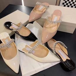 New Real Leather Fashion Pointed Toe Rhinestone Women Slip On Slippers Closed Toe Branded Crystal Summer Shoes Elegant Fairy Mules High Grade Version Shoes Girl