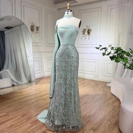 Party Dresses Wasisi Green Long Cape Cloak Mermaid Elegant Satin Beaded Feathers Evening 2024 For Women FLA72290