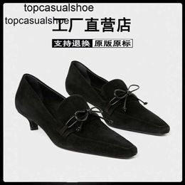 Toteme Small New crowd shoes ins French Slip-on shoe Womens Bowknot Middle Heel Thin Heel Square Head Leather Womens Single Shoes