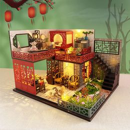 Wooden Doll Houses Antique Attic Miniature Building Kits Chinese Villa Dollhouse with Furniture Ornaments Casa Decorations Toys