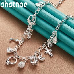 Pendants SHSTONE 925 Sterling Silver Moon Heart Lock Cross Chain Necklace For Women Lady Party Engagement Wedding Fashion Charm Jewelry