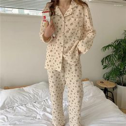 Women's Sleepwear Autumn Winter Crepe Cotton Two Piece Set Women Pyjamas Long Sleeve Shirts Pants Home Floral Print Vintage Y106