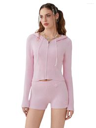 Women's Tracksuits FUFUCAILLM Women Knit Shorts Set Long Sleeve Hooded Zipped Sweater With Flower Fall Outfit