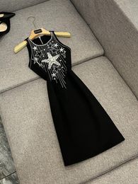 2024 Summer Black Star Beaded Knitted Dress Sleeveless Round Neck Rhinestone Short Casual Dresses Y4W20241M