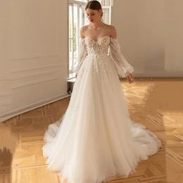 Off The Shoulder A-Line Wedding Dresses Lace Long Puff Sleeves Sweetheart Bride Dress Illusion Backless Bridal Gown Formal Brides Dress