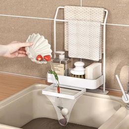 Kitchen Storage Sink Organiser Sponge Holder With Towel Rack Drain Pan Countertop Nonslip Soap Brush Caddy