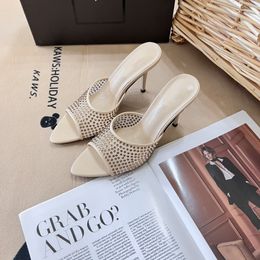 Top Quality Women High Heel Dress Shoes Rhinestone designer shoes Fashion Slippers Transparent Casual Leather Heart Shaped Pointed Party Sandals