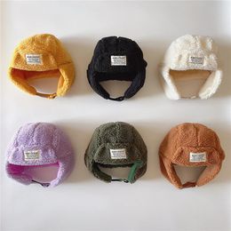 Winter Warm Lambs Fleece Hat For Kid Girls Children Plush Soft Candy Colour Adjustable Cute Hats Boys Ear Protection Cotton Cap 240521