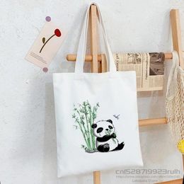 Shopping Bags Panda Custom Tote Bag Girl Animal Cartoon Stylish Kawaii Design Black Unisex Travel Canvas Eco Foldable Shopper