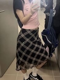 HOUZHOU Y2k Vintage Plaid Skirt Women Summer Korean Style Casual Mesh Print High Waist Slim Midi Skirt Girl 90s Streetwear 240510