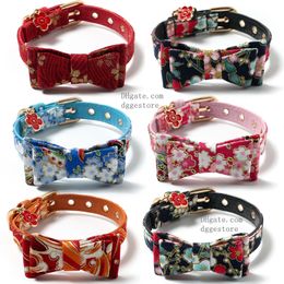 Flower Cat Collar With Bow Tie Red Floral Pendant Cute Dog Collars Adjustable Kitty Kitten Collars Soft Leather Fancy Cat Collar for Female Girl Cats Male Boy Cats B239