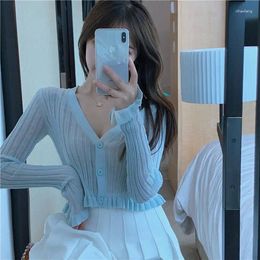 Women's Knits White Long Sleeved T-shirt Sexy Slim Fit Knitted Vintage Outerwear Cardigan Ribbed Blue Tees Korean Fashion Ruched Clothes