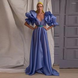 Party Dresses Elegant Blue V Neck Evening Gowns Saudi Arabia Puffy Sleeves Satin A Line Prom Dubai Women Simple Long Dress