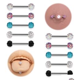 Nipple Rings 2Pcs Cz Crystal Ball Straight Barbell Stainless Steel Tongue Piercing Stud For Women Men Sexy Body Jewelry 14G 14Mm Dro Dhcrf