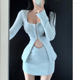 Work Dresses 2024 Autumn For Women Korean Style Lace Up Back Cardigan Skirt Suit 2 Pieces Sets Tight-fitting Retro Y2k Blue Knit