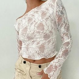 Chic Women Long Sleeve T-shirt 90s Vintage Fairy Coquette Floral Lace Sheer Crop Tops Sexy See Through Tees Y2K Streetwear 240521