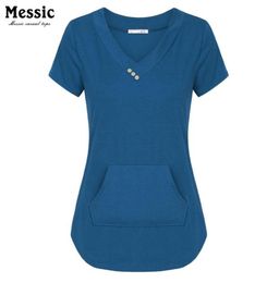 Messic Cross Vneck Casual Women TShirts Summer Short Sleeve Solid Tee With Buttons Kangaroo pocket Knitted Plus Size T Shirt7203935