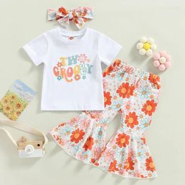 Clothing Sets Toddler Baby Girl 2nd Birthday Outfit Two Groovy Short Sleeve Shirts Floral Flare Bell Bottom Pant Headband