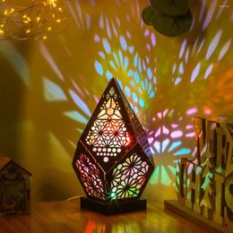 Night Lights Rustic Wooden LED Floor Lamp 7.87in Bohemian 3D Projection USB Charging Colorful Diamond Geometric Hollow Design